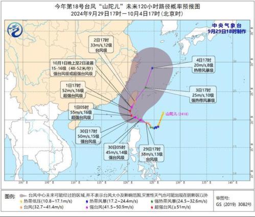 台风“山陀儿”将于10月1日至2日在台湾岛南部沿海登陆或擦过
